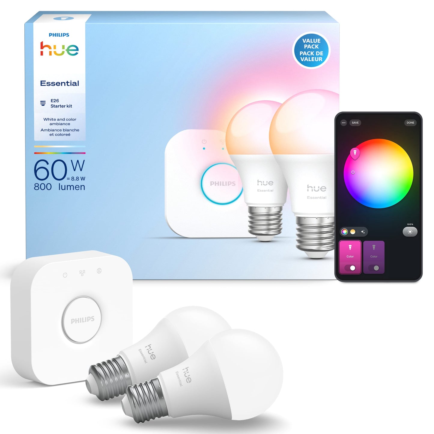 Philips Hue Essential White & Color Ambiance 2-Pack Starter Kit - 2x 60-Watt Equivalent (800lm) A19 General Purpose Light Buls (Medium Base) + Hue Bridge