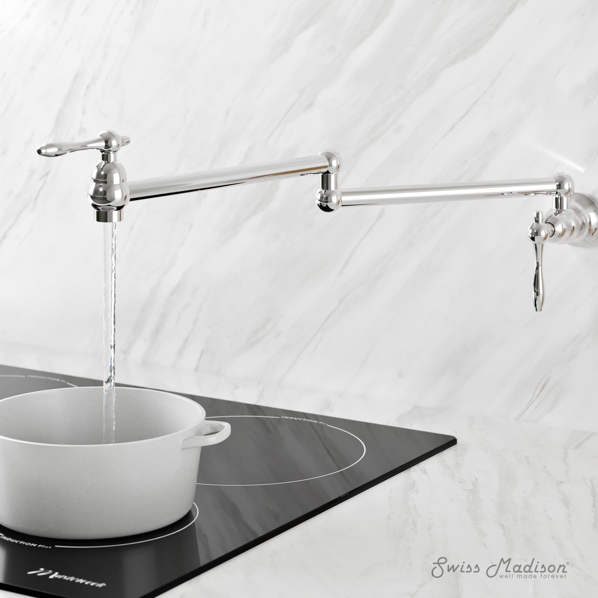 Plaisir Retractable Wall Mount Pot Filler Faucet in Polished Chrome