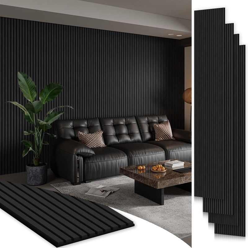 Plank & Hue 4Pcs 106"x12.6" Soundproof Wood Slat Panels Acoustic Wall and Ceiling Panels, Black Oak