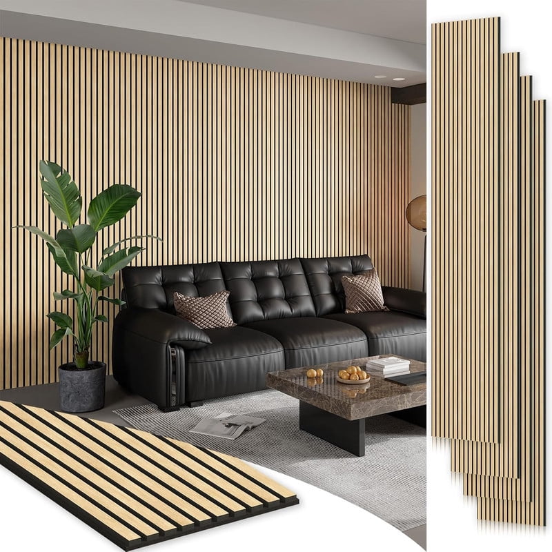 Plank & Hue 4Pcs 106"x12.6" Soundproof Wood Slat Panels Acoustic Wall and Ceiling Panels, White Oak