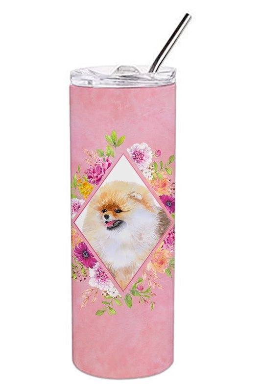 Pomeranian #2 Pink Flowers Double Walled Stainless Steel 20 oz Skinny Tumbler