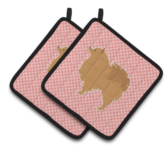 Pomeranian Checkerboard Pink Pair of Pot Holders
