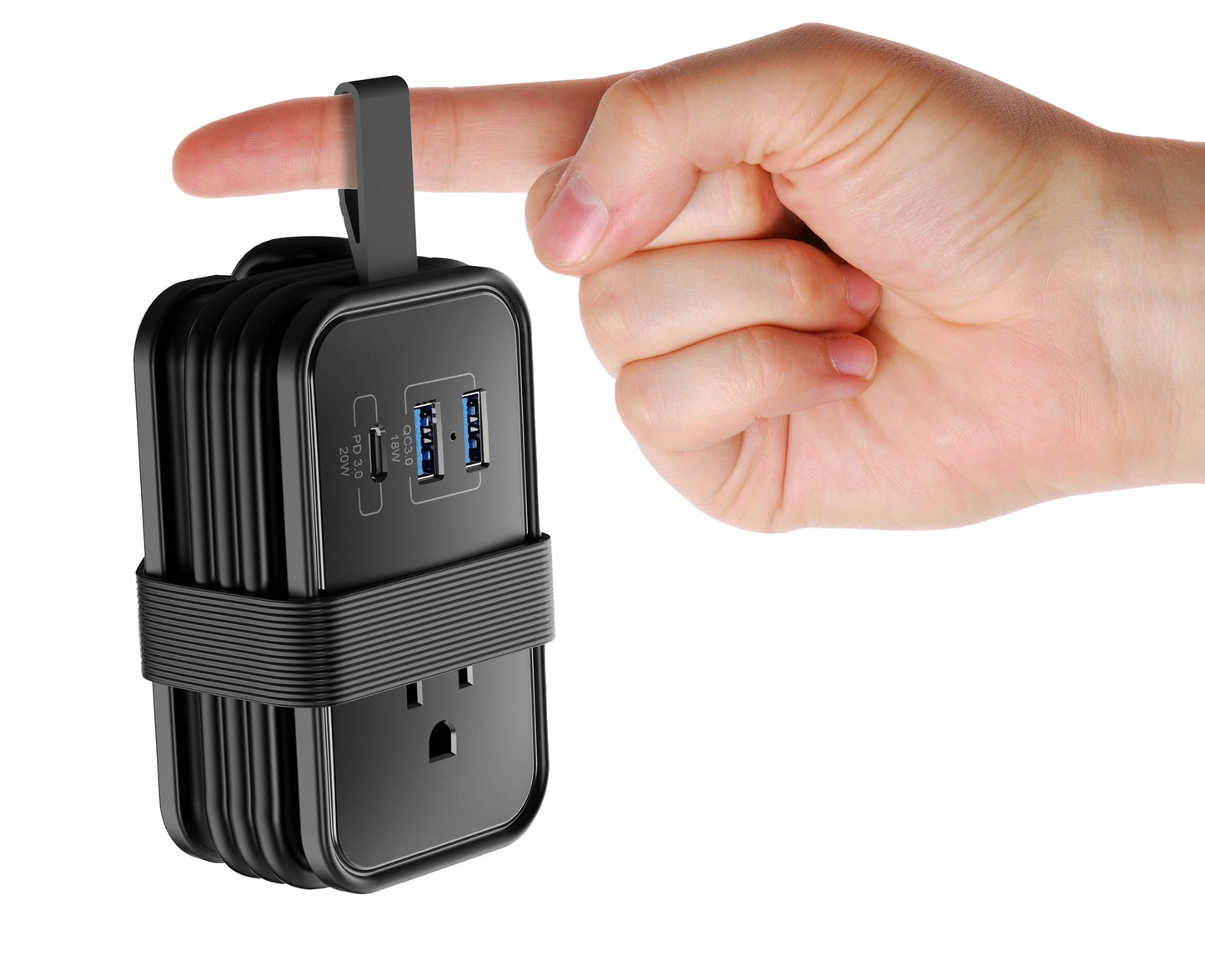 Uncaged Ergonomics Tc-black Portable Travel Power Strip, 3 Ac Outlets, 2 Usb-a Ports, And 1 Usb-c 20-watt Fast-charging Port, 3-ft. Cord [black]