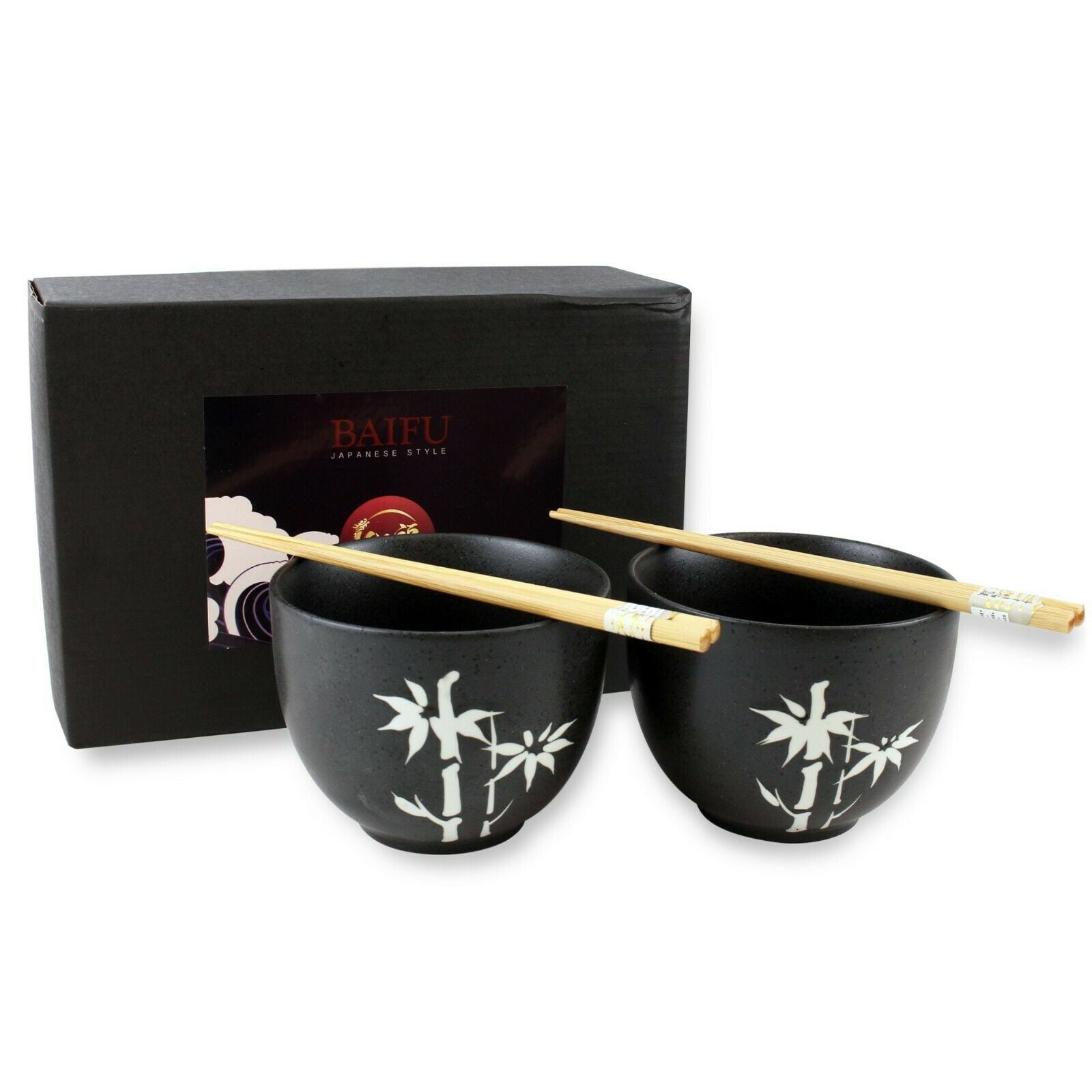 Quality Japanese Dinnerware Set of 2 Porcelain Black Bowls w Chopsticks Utensils EHD 1