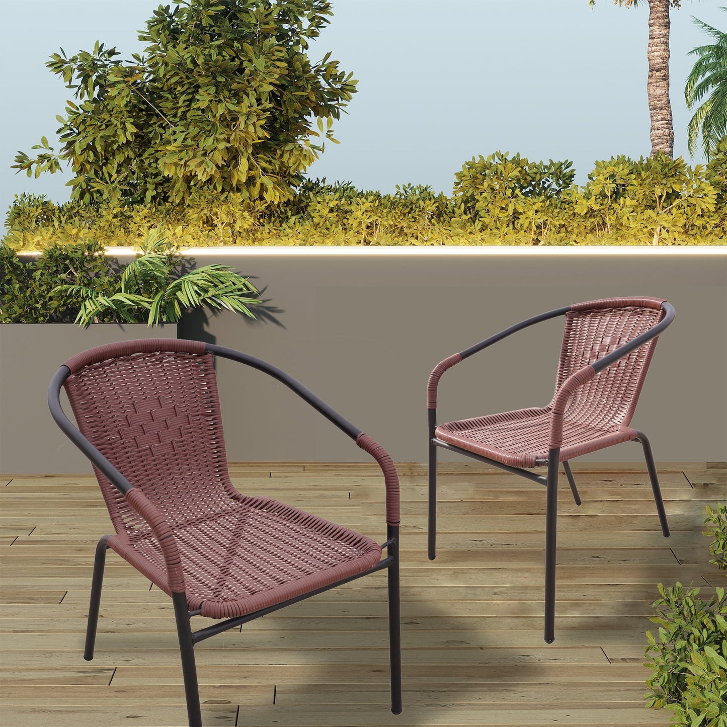 RTC Group Furniture Stackable Rattan Dining Chair, Set of 2 for Indoor/Outdoor Patio Restaurant, Porch, Backyard Dark Brown