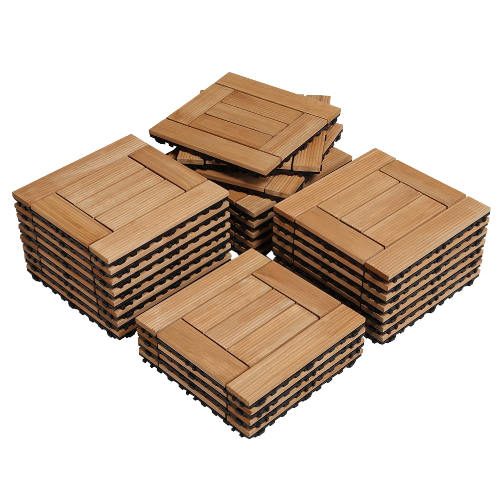 Renwick 27pcs Interlocking Fir Wooden Floor Tiles for Outdoor & Indoor, Natural Wood