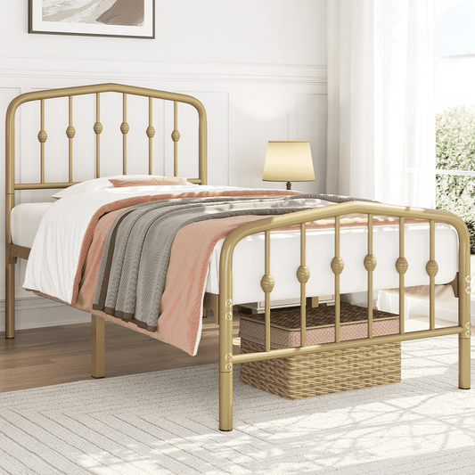 Renwick Metal Platform Twin Bed with Arched Headboard and Footboard, Antique Gold, Adult