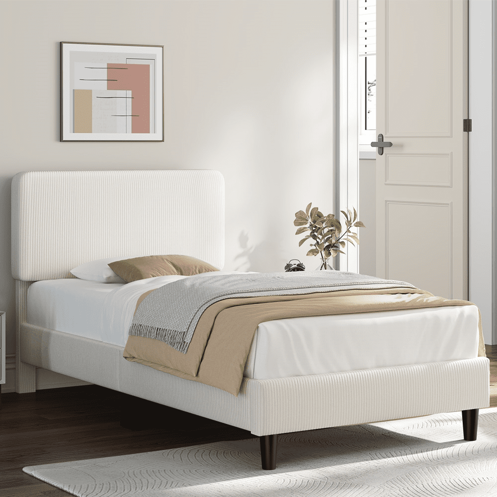 Renwick Upholstered Platform Bed with Adjustable Headboard, Twin, Beige