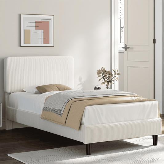 Renwick Upholstered Platform Bed with Adjustable Headboard, Twin, Beige