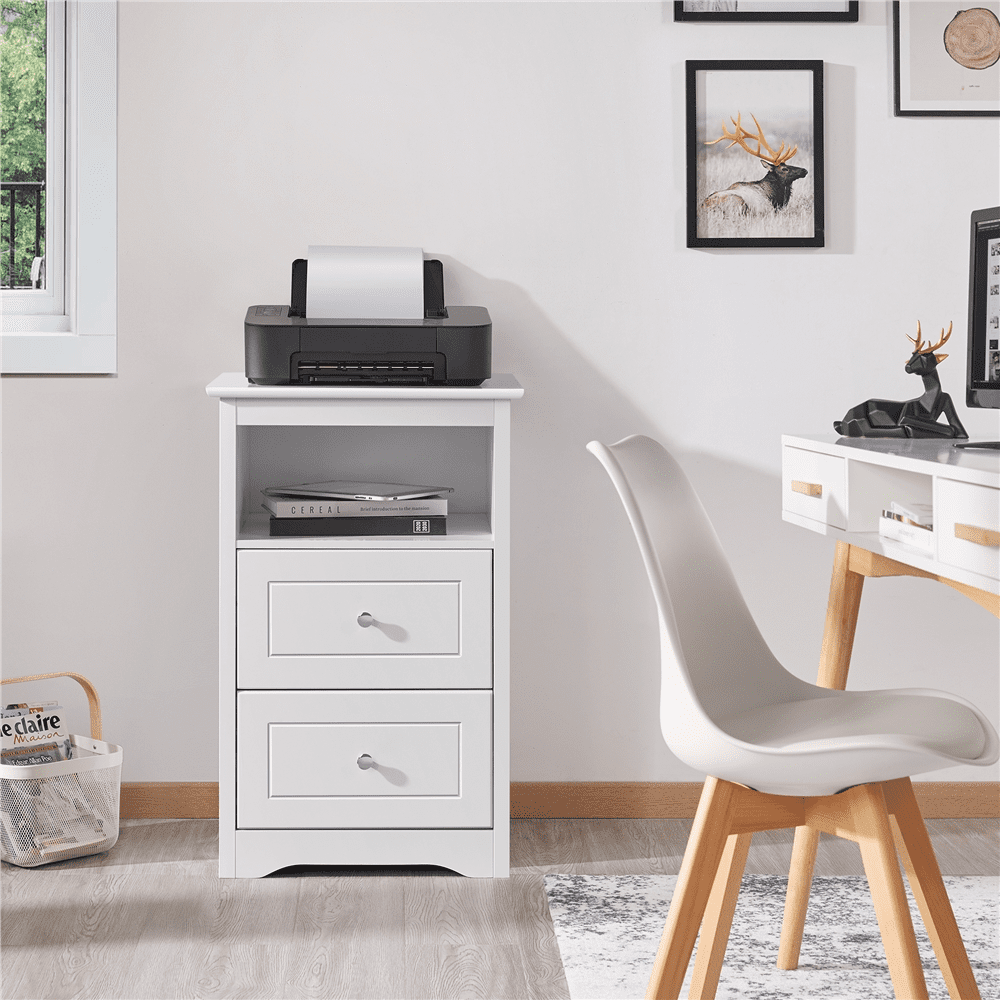 Renwick Wooden Nightstand with Storage Drawers and Open Shelf, White