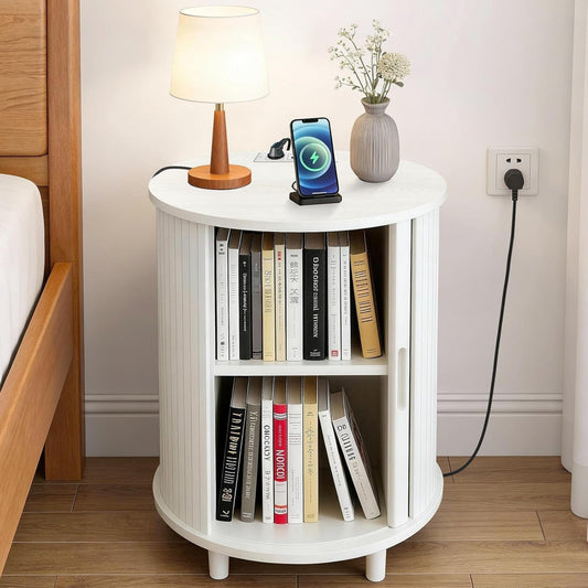 Round End Table with Charging Station, Fluted Nightstand with Sliding Door & Adjustable Shelf, Mid Century Side Table, White