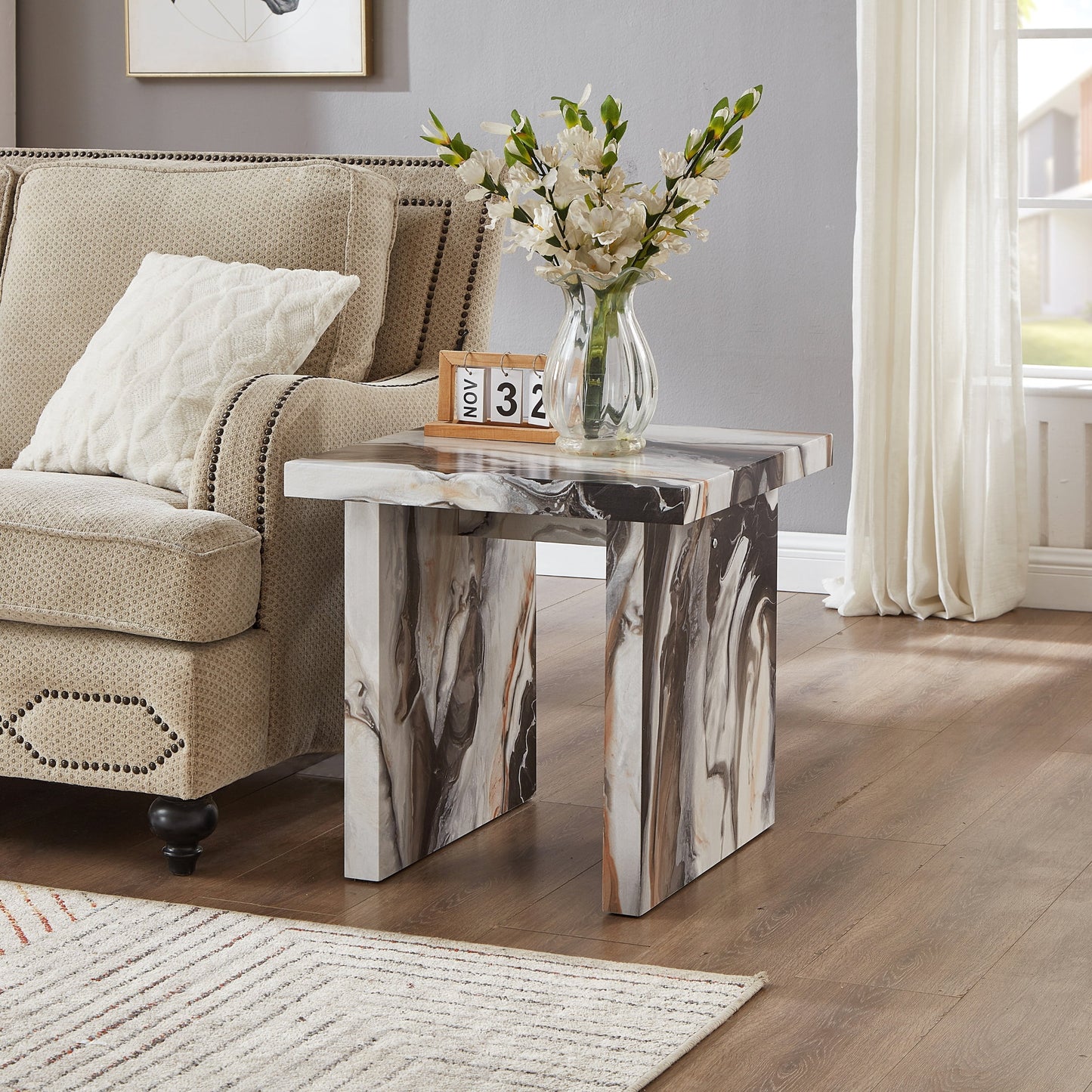 Roundhill Furniture Cavira Modern Faux Marble Living Room End Table, Off-white