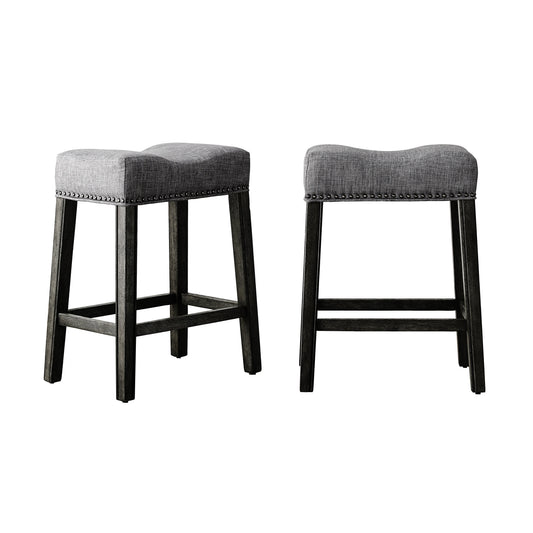 Roundhill Furniture CoCo 25.5" Counter Height Saddle Stool, Gray Fabric, Solid Rubberwood, Set of 2