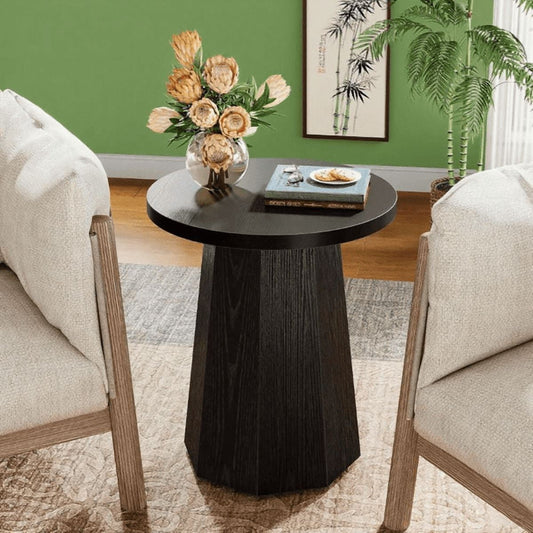 Rustic Farmhouse Round Pedestal Side Table, Octagonal Base, Water/Scratch-Resistant Wood Grain for Living Room/Bedroom