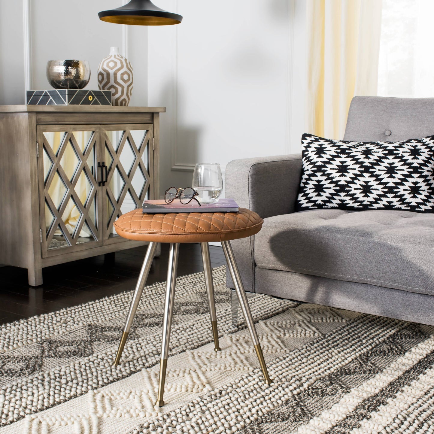 SAFAVIEH Brinley 30"H Mid Century Modern Stool, Camel/Silver