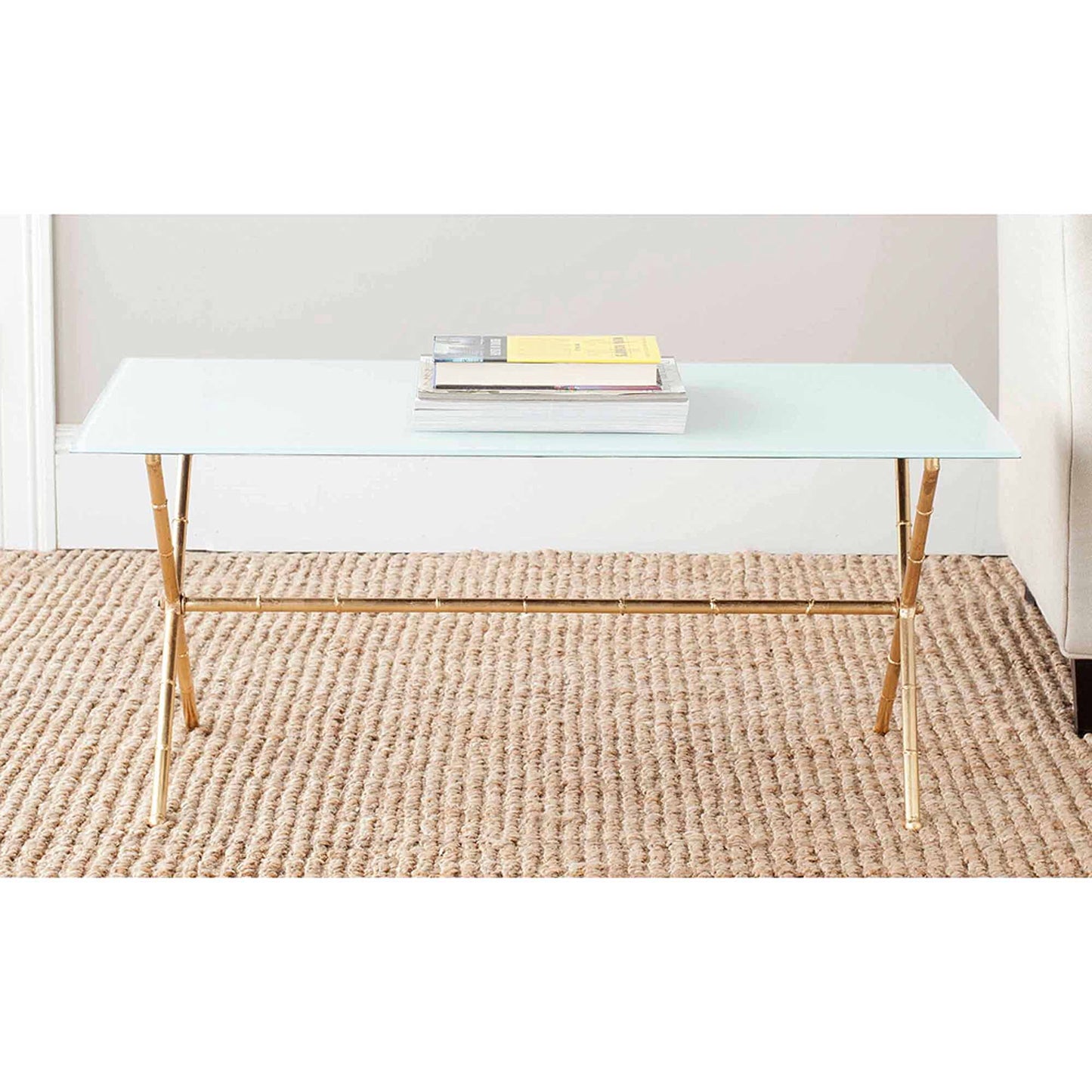 SAFAVIEH Brogen 17 in. H Solid Cross Leg Accent Table, Gold/White Glass