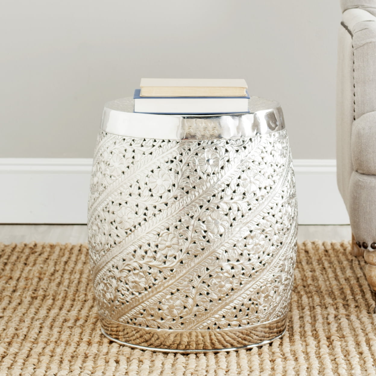 SAFAVIEH Liam 17.7 in. H Contemporary Etched Metal Stool, Silver
