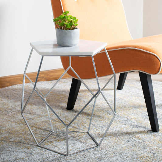 SAFAVIEH Modern Pentagon 18 in. H Glam Marble Top Side Table, Silver/White
