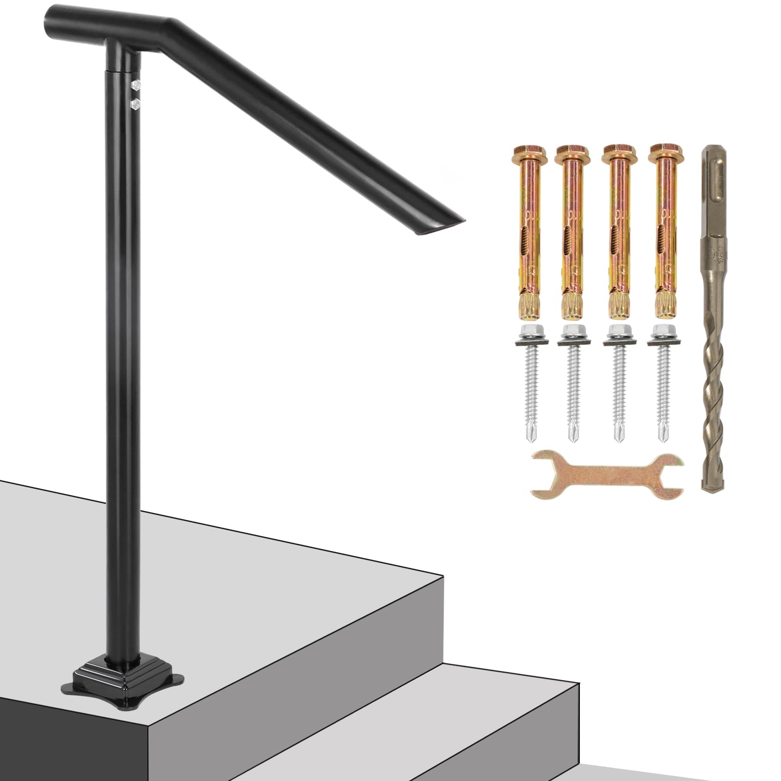 SKYSHALO 1-3 Step Handrail, Black Steel Railing for Steps 330lbs Capacity Stair Handrail Baking Varnish Metal Handrail for Stairs Stylish Handrails for Outdoor Steps with Expansion Bolts & Drill Bit