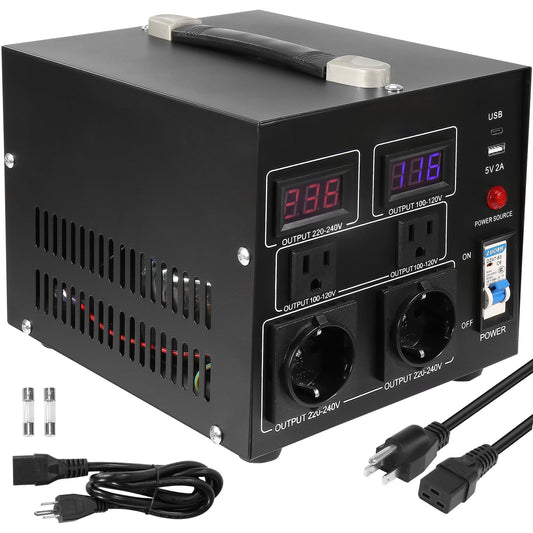 SKYSHALO Power Converter, 2000W, Durable Step Up/Down Unit, Switches between 110V and 220V, Includes US and EU Outlets plus 5V USB Port, CE Approved