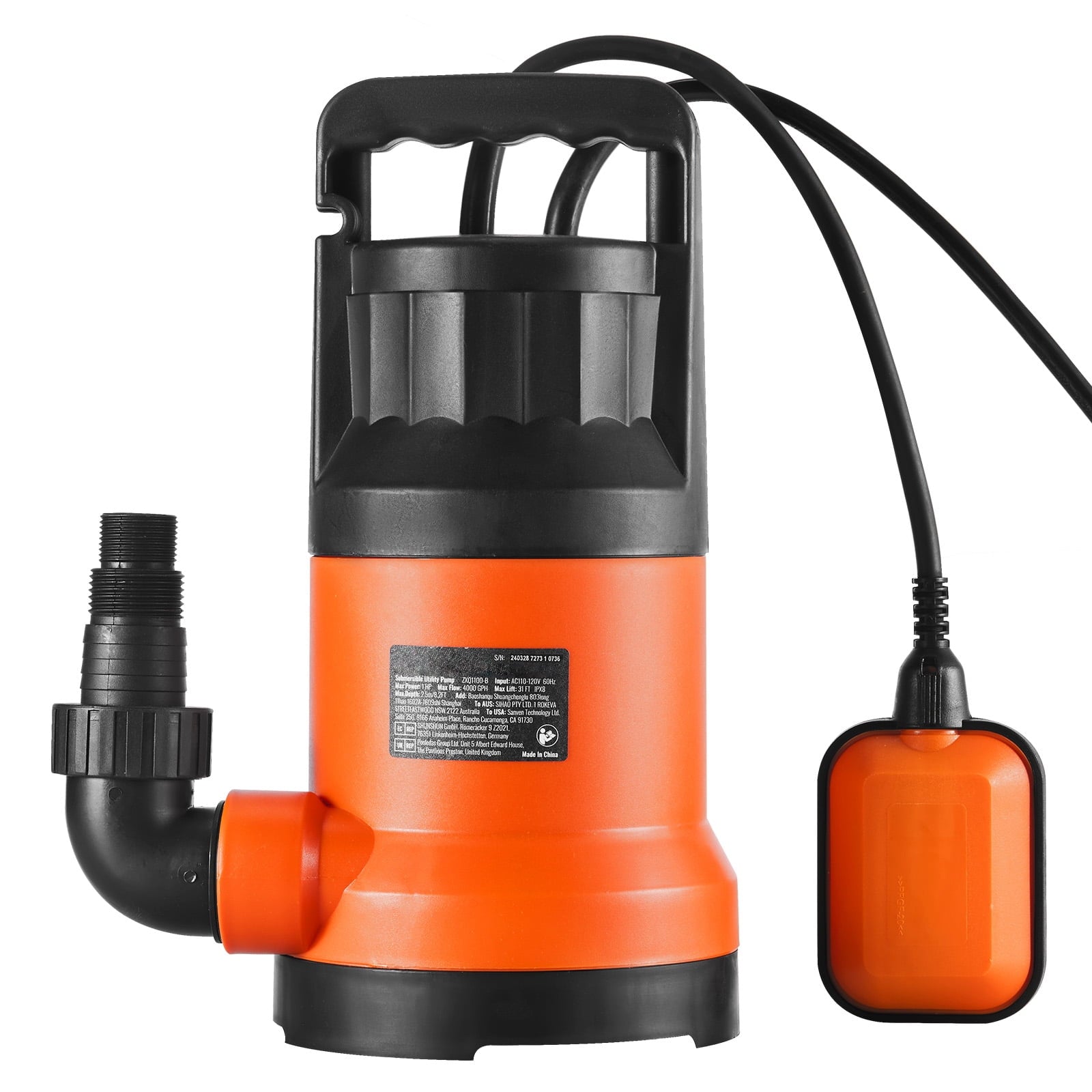 SKYSHALO Water Removal Pump, 1 HP Power, 4000 GPH Flow Rate, 31 ft Max Lift, Submersible Sump Pump with 10 ft Power Cable for Pool, Garden Pond, and Basement Draining