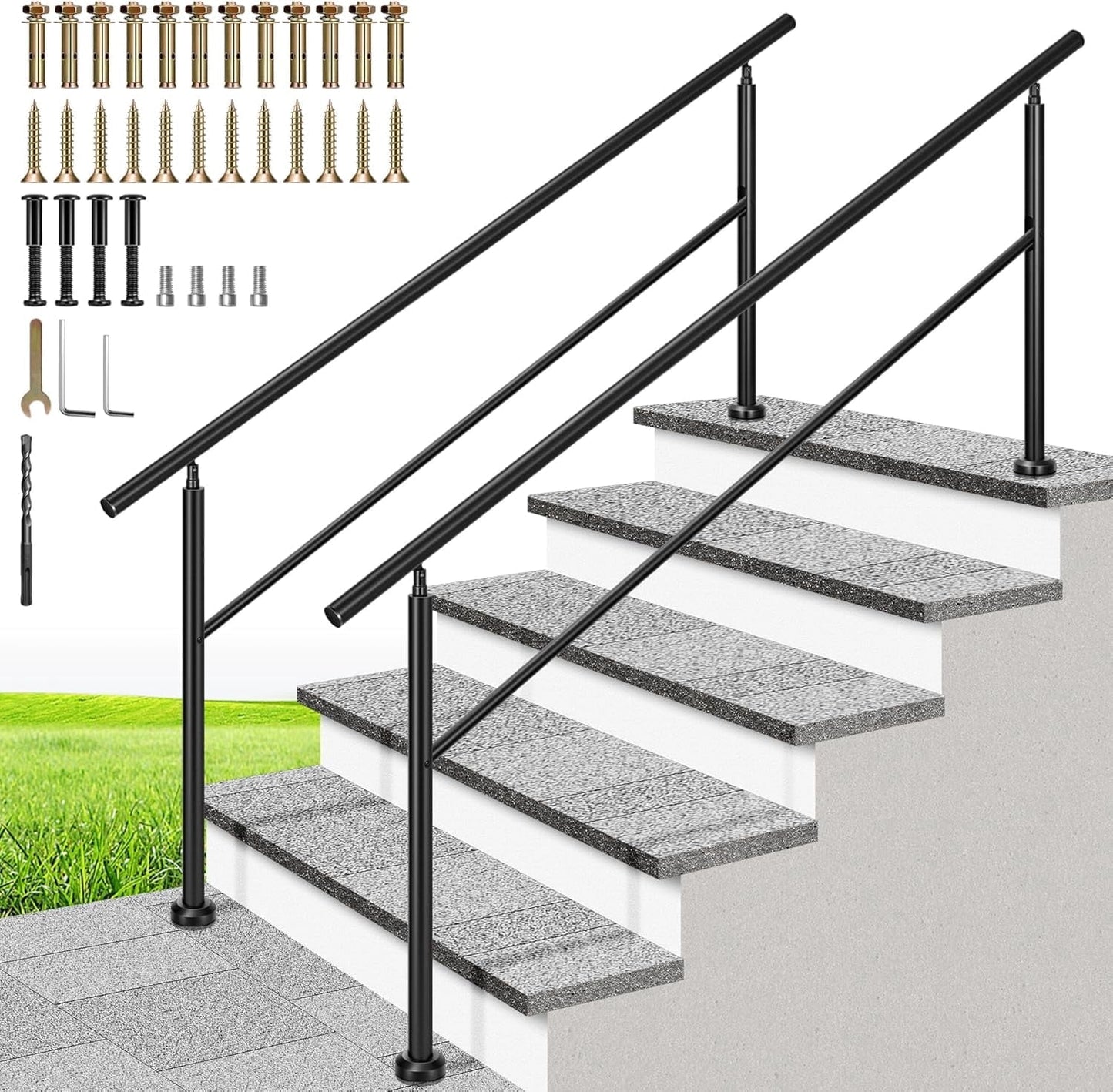 SPECSTAR 2-Pack Outdoor Handrails, 6-7 Steps Galvanized Steel Railing, Hand Railing for Porch, Deck, or Indoor Stairs, Black