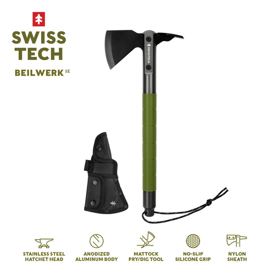 Swiss Tech Beilwerk Camping Hatchet, Stainless Steel Head, Aluminum Body, Pry Tool, Sheath Included