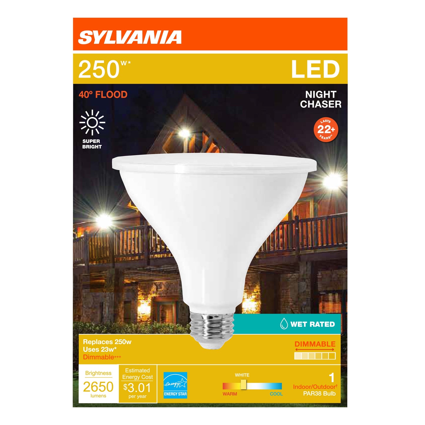 SYLVANIA PAR38 Night Chaser Bombilla LED 250W, 40* Extendido de Haz, Atenuado, Blanco Neutro, 13 AÃ±os