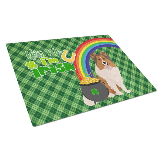 Sable Sheltie St. Patrick's Day Glass Cutting Board Large 12 in x 15 in