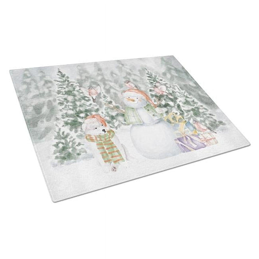 Samoyed Puppy with Christmas Presents Glass Cutting Board Large 12 in x 15 in