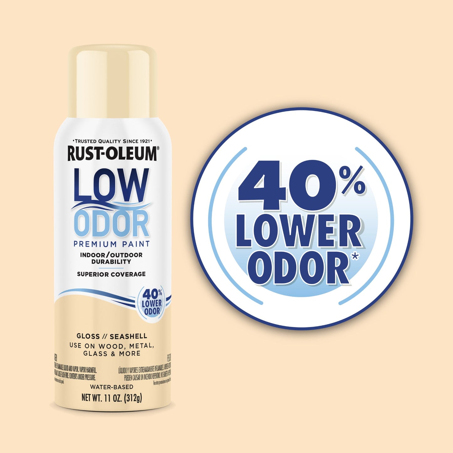 6 Pack, Seashell, Rust-Oleum Low Odor Premium Gloss Spray Paint-388275, 11 oz