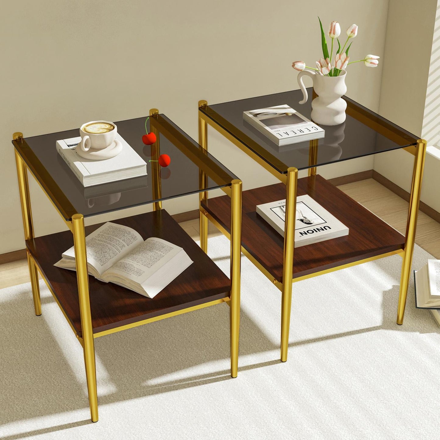 Set of 2 End Tables, Nightstand with Tempered Glass Tabletop, Compact Side Table with MDF Storage Shelf and Sturdy Iron Legs, Easy Assembly for Bedroom or Living Room, Gray Glass Finish