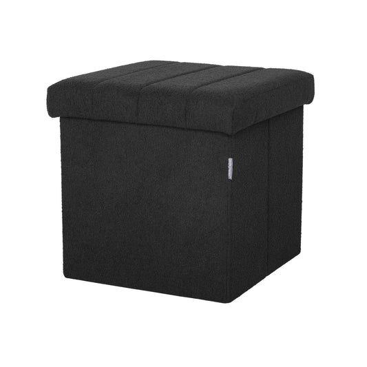 Seville Classics Cushioned Fabric Ottoman Hidden Storage Chest Footrest Chair for Bedroom, Dorm, Loft, Living Room, Entryway, Hallway, Black Boucle, 15.7" Cube