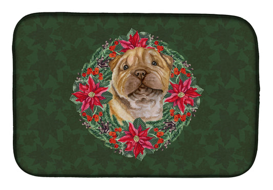 Shar Pei Puppy Poinsetta Wreath Dish Drying Mat