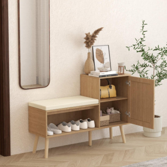Shoe Bench, Shoe Storage Bench, Entryway Bench with 3-Tier Cabinet & 2-Tier Bench, Adjustable Shelves & Removable Washable Seat Cushion, Modern Rattan Shoe Organizer for Hallway Bedroom