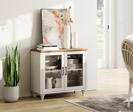 Sideboard Buffet Cabinet with Glass Door, Curved Edge Kitchen Storage Cabinet, Vintage Gourd Leg Wood Coffee Bar Table, Accent Table for Dining Room & Living Room, Off White