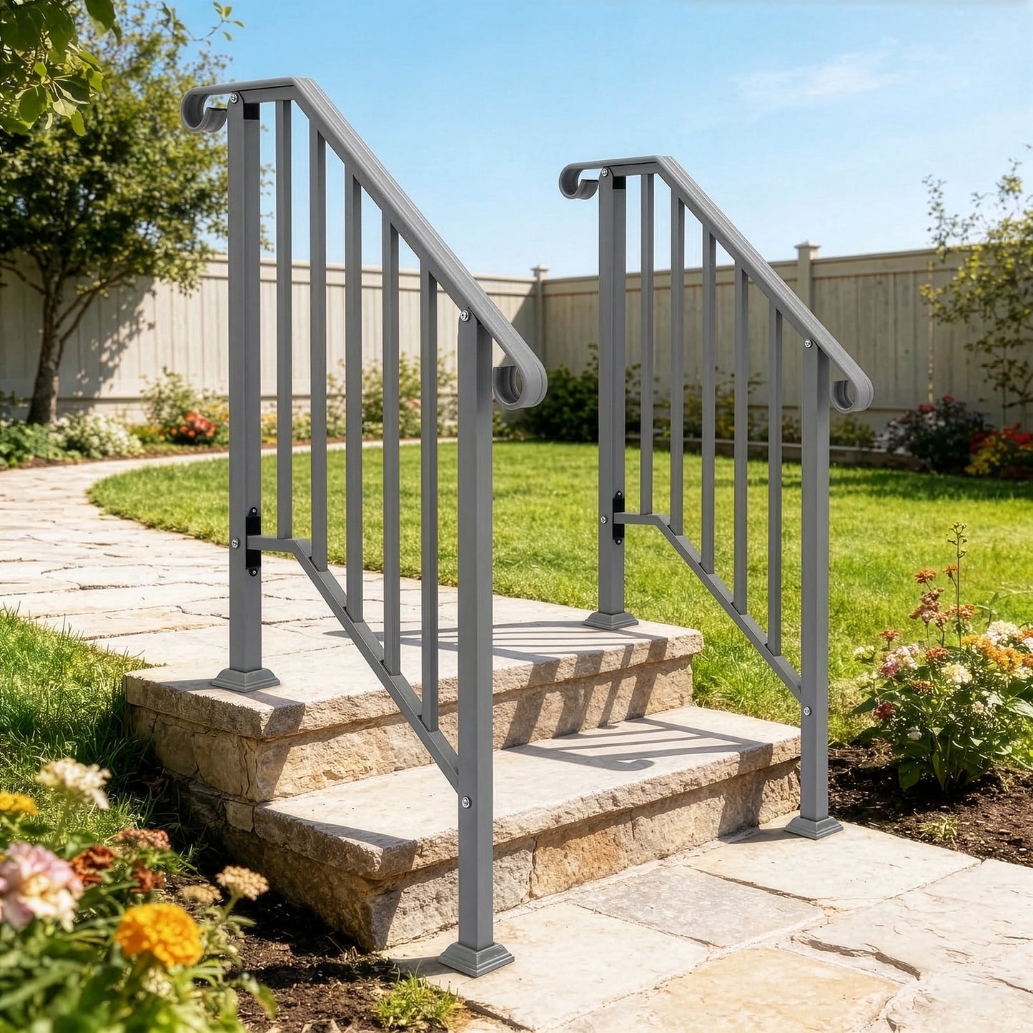 Copper Galvanized Iron Stair Handrail Curved Step Railing Fit 2-3 Steps Outdoor Garden Steps Rust Resistant Powder Coated Safety Picket Rail With Mounting Hardware