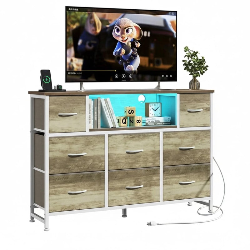 Simple Deluxe TV Stand Dresser with 8 Fabric Drawers, Open Shelves, LED Lights, Charging Station, Wood Top for 45-55 in TVs, Oak