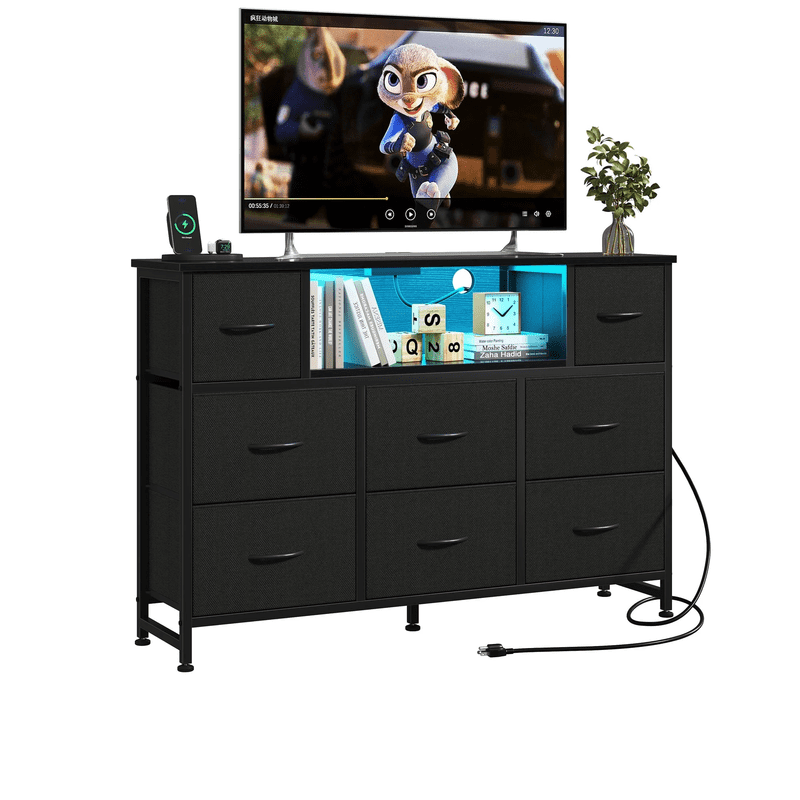 Simple Deluxe TV Stand Dresser with 8 Fabric Drawers and Open Shelves, Entertainment Center with LED Lights & Charging Station, Wood Top for 45" -55" TV, for Bedroom/Living Room/Hallway, Wood Black