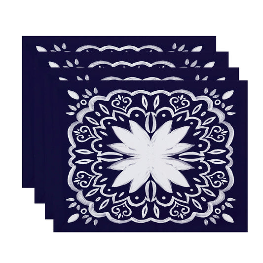 Simply Daisy, 18 x 14 inch, Cuban Tile 1, Geometric Print Placemat (Set of 4), Navy Blue
