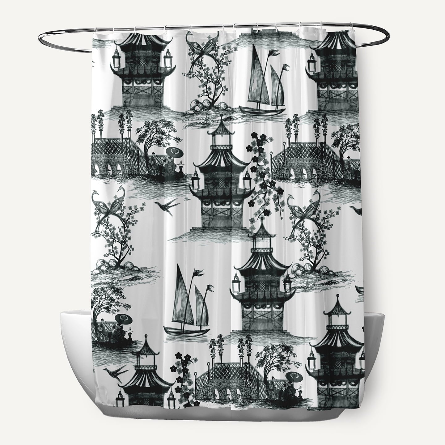 Simply Daisy 70" W x 73" L China Old Polyester Shower Curtain, Black [1 Ct]
