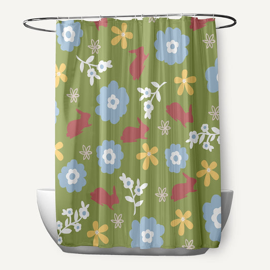 Simply Daisy 70" W x 73" L Flowery Love with Bunnies Polyester Shower Curtain, Apple Green [1 Ct]