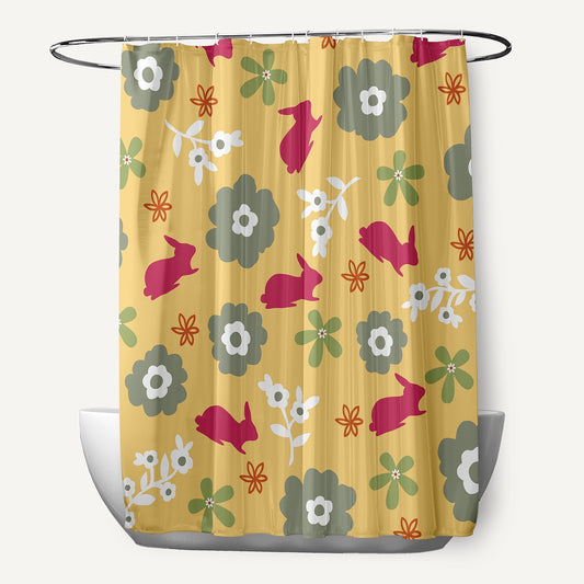 Simply Daisy 70" W x 73" L Flowery Love with Bunnies Polyester Shower Curtain, Daffodil Yellow-Pink [1 Ct]