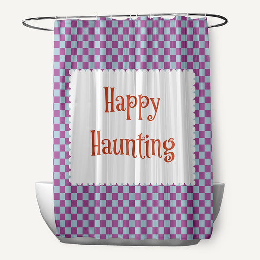 Simply Daisy 70" W x 73" L Halloween Happy Haunting Checks Polyester Shower Curtain, Orchid [1 Ct]