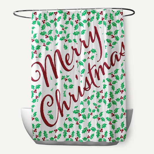 Simply Daisy 70" W x 73" L Merry Christmas with Holly Polyester Shower Curtain, Bright Green [1 Ct]