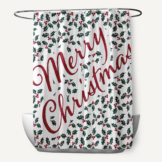 Simply Daisy 70" W x 73" L Merry Christmas with Holly Polyester Shower Curtain, Christmas Green [1 Ct]