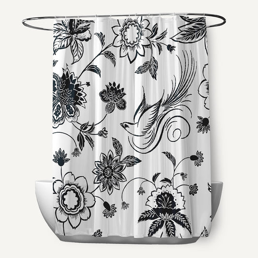 Simply Daisy 70" W x 73" L Traditional Bird Floral Polyester Shower Curtain, Black [1 Ct]
