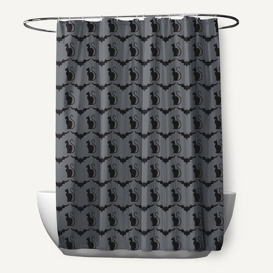Simply Daisy Halloween Steel Gray Cats and Bats Polyester Shower Curtain, 70 in. W x 73 in. H