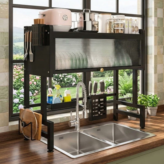 Over The Sink Dish Drying Rack, 3-Tier Carbon Steel Kitchen Storage Cabinet with Cover, Heavy-Duty Large Capacity Dish Drain Shelf for Kitchen Sink Organization