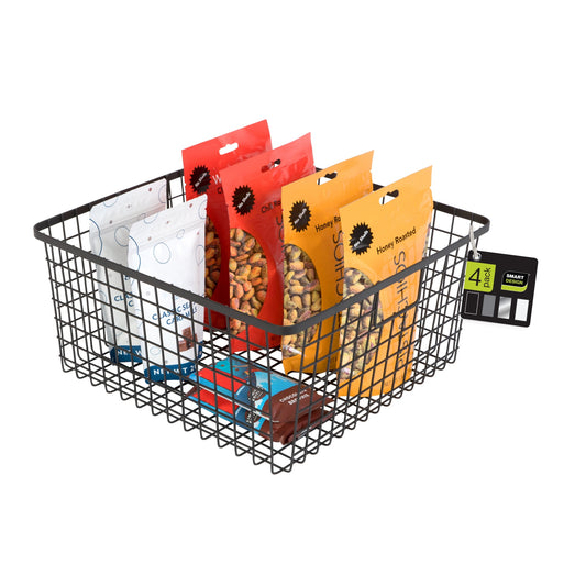Smart Design Nestable Basket Organizer with Handles - 12 x 12 x 6 inch - Black - Set of 4